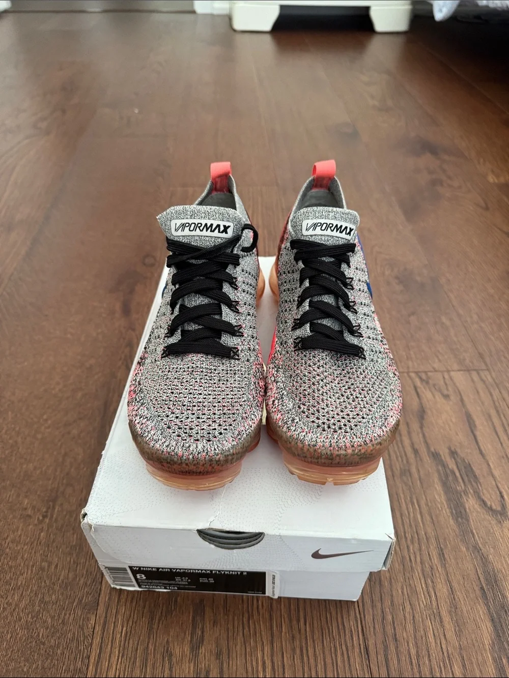 Nike Womens' VaporMax Flyknit Shoes - Gray/Coral with Blue Swoosh